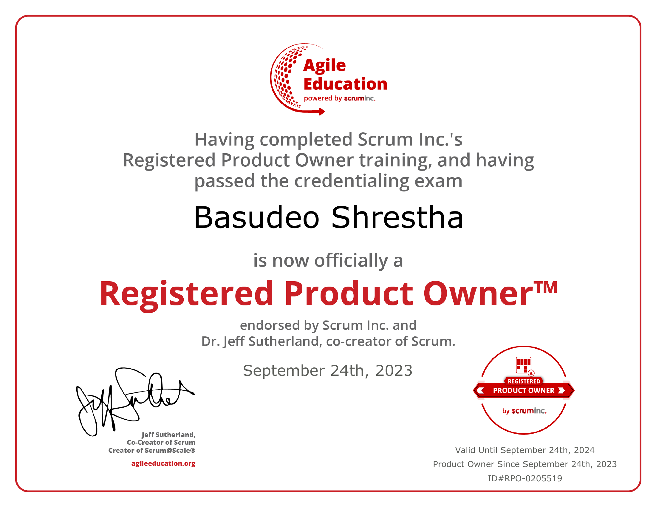 Registered Product Owner Certificate